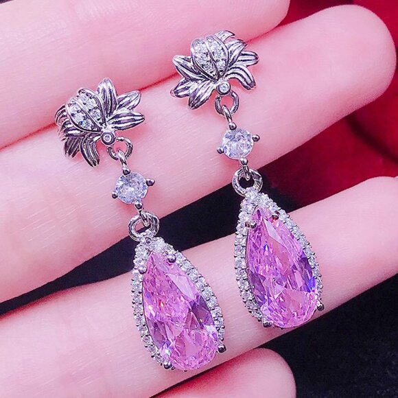 Jewelry - 925 Silver Pear Cut Flower Shaped Pink Earrings for Women, FB16FA1040